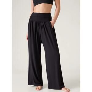 Athleta Women's Fold Over Waistband Studio Wide Leg Pull On Pants Size L Black
